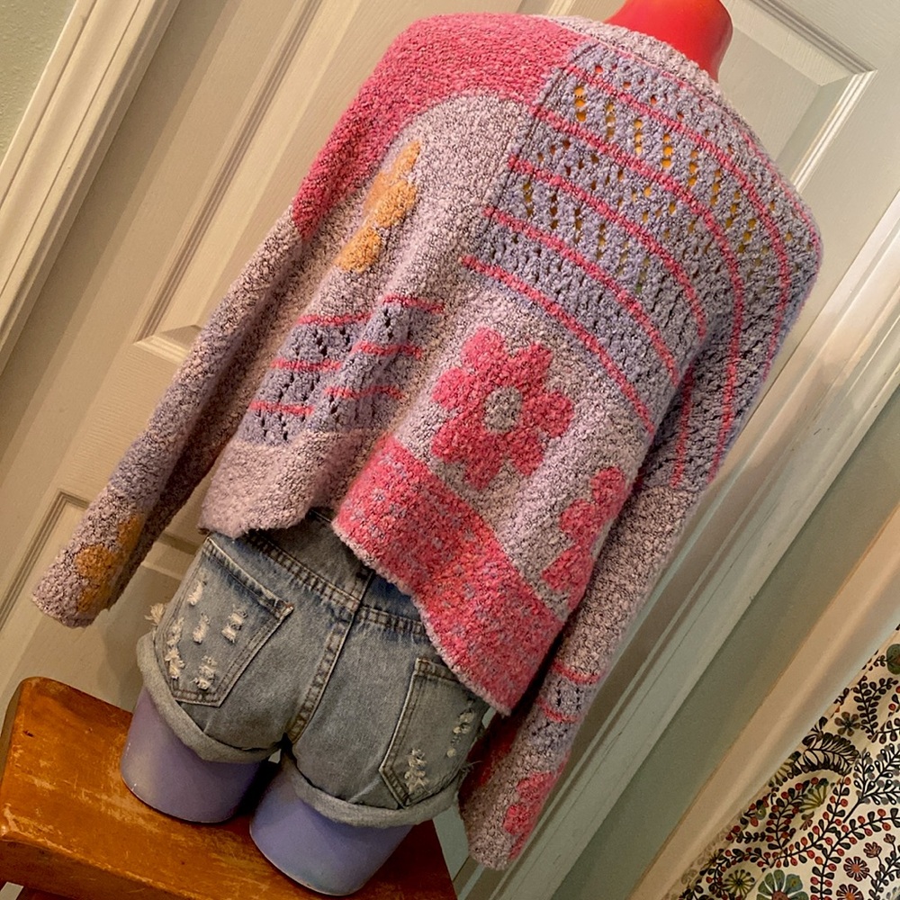 Moon & Madison Artistic Floral Kawaii Cute Purple, Pink, & Orange Sweater - Picture 8 of 14